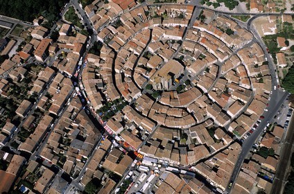 France, Aude, cathar village of Bram built in concentric circles around the church (aerial view)