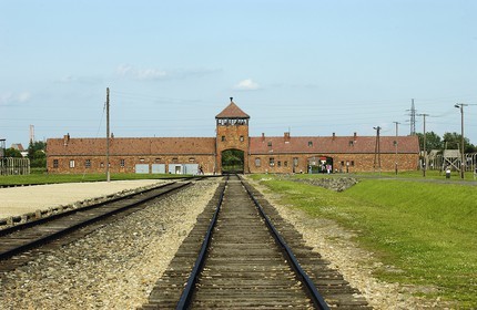 Poland, Lesser Poland, Krakow area, Oswiecim village, death camp of Auschwitz-Birkenau, main door and the place where the train used to arrive