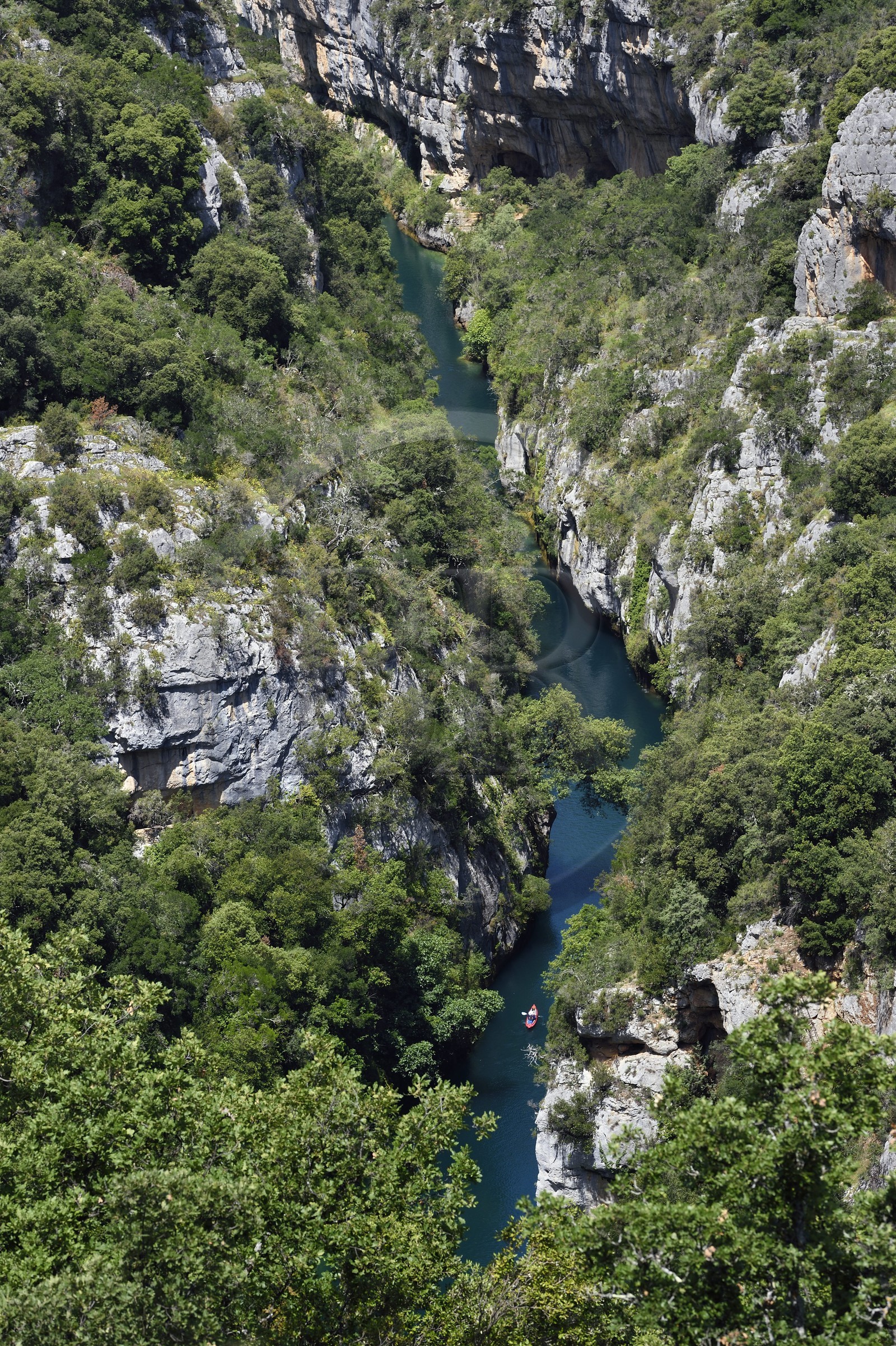 France, Var (83) rive gauche et Alpes-de-Haute-Provence (04) rive droite, Parc Naturel Régional du Verdon, Basses Gorges du Verdon en aval du lac de Sainte Croix, kayaks dans les gorges de Baudinard