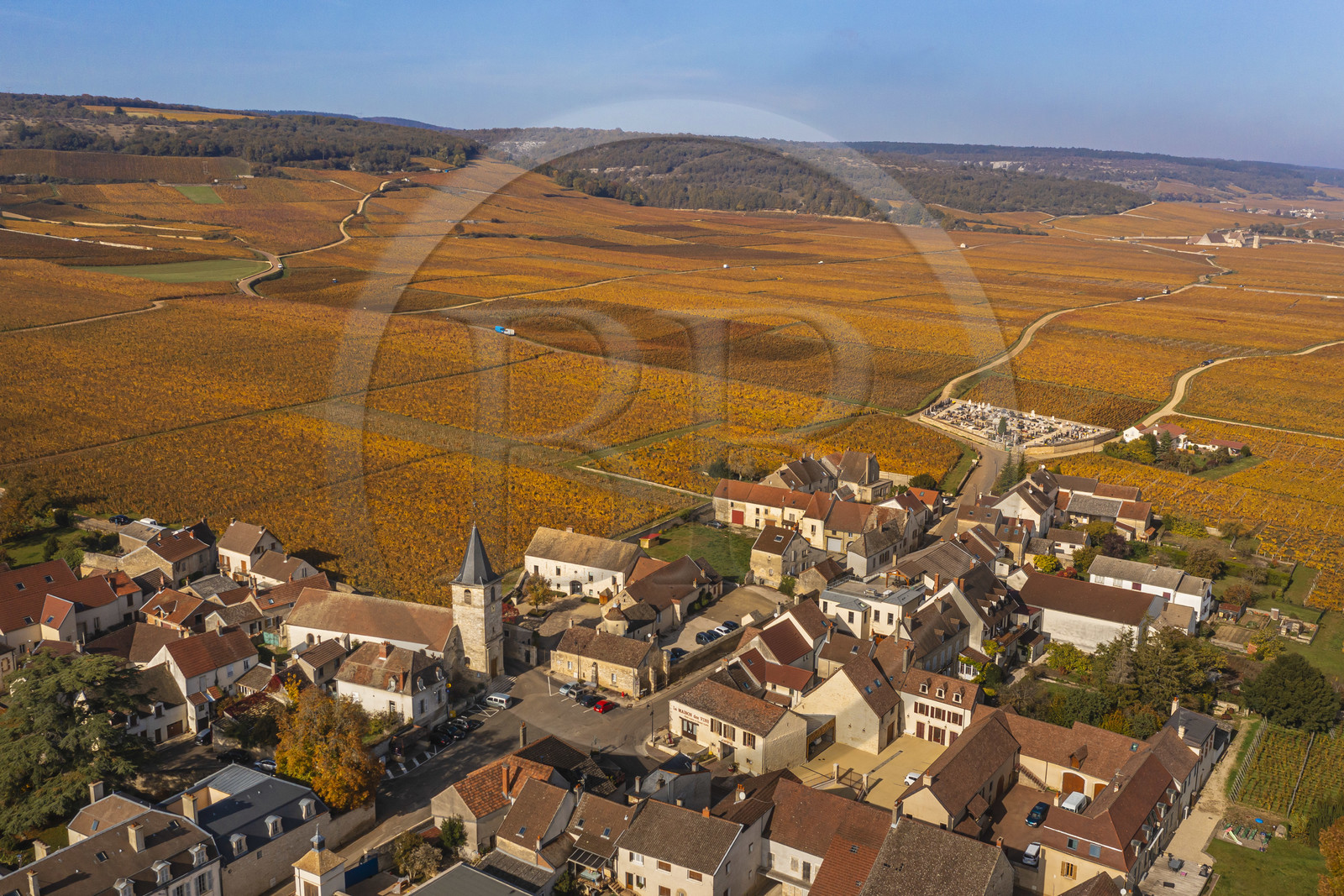 France, Côte-d'Or (21), Paysage culturel des climats de Bourgogne classés Patrimoine Mondial de l'UNESCO, Route des Grands Crus, le vignoble et le village de Vosne-Romanée (vue aérienne)