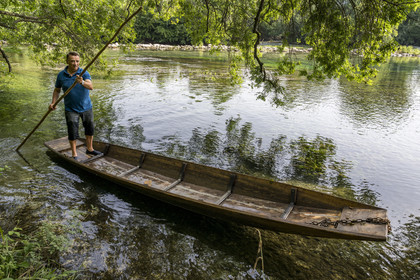 France, Vaucluse, L'Isle sur la Sorgue, François Arnaud member of the brotherhood of fishermen the Pescaïres de la Sorgue sailing on the Sorgue river on a flat-bottomed boat called Nègo Chin