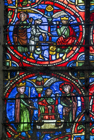 France, Yonne, Auxerre, Saint-Etienne Cathedral, 13th century stained glass window depicting scenes from the life of Saint Eloi