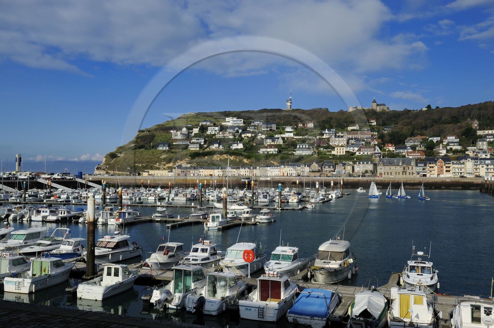 France, Seine Maritime, Pays de Caux, Cote d'Albatre, Fecamp, the harbour and the cap Fagnet