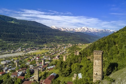 Georgia, Upper Svaneti (Zemo Svaneti), Mestia, Svan defensive towers erected next to the houses (aerial view)