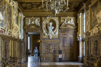 France, Seine-et-Marne (77), Fontainebleau, chateau de Fontainebleau, classé Patrimoine Mondial par l'UNESCO, la Galerie François 1er construite entre 1528 et 1530, buste de François Ier
