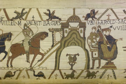 France, Calvados, Bayeux, tapestry museum, Bayeux tapestry, tapestry of Queen Mathilde listed as Memory of the World by UNESCO telling the story of England's invasion by William the Conqueror, the oath of Bayeux (BAGIAS)