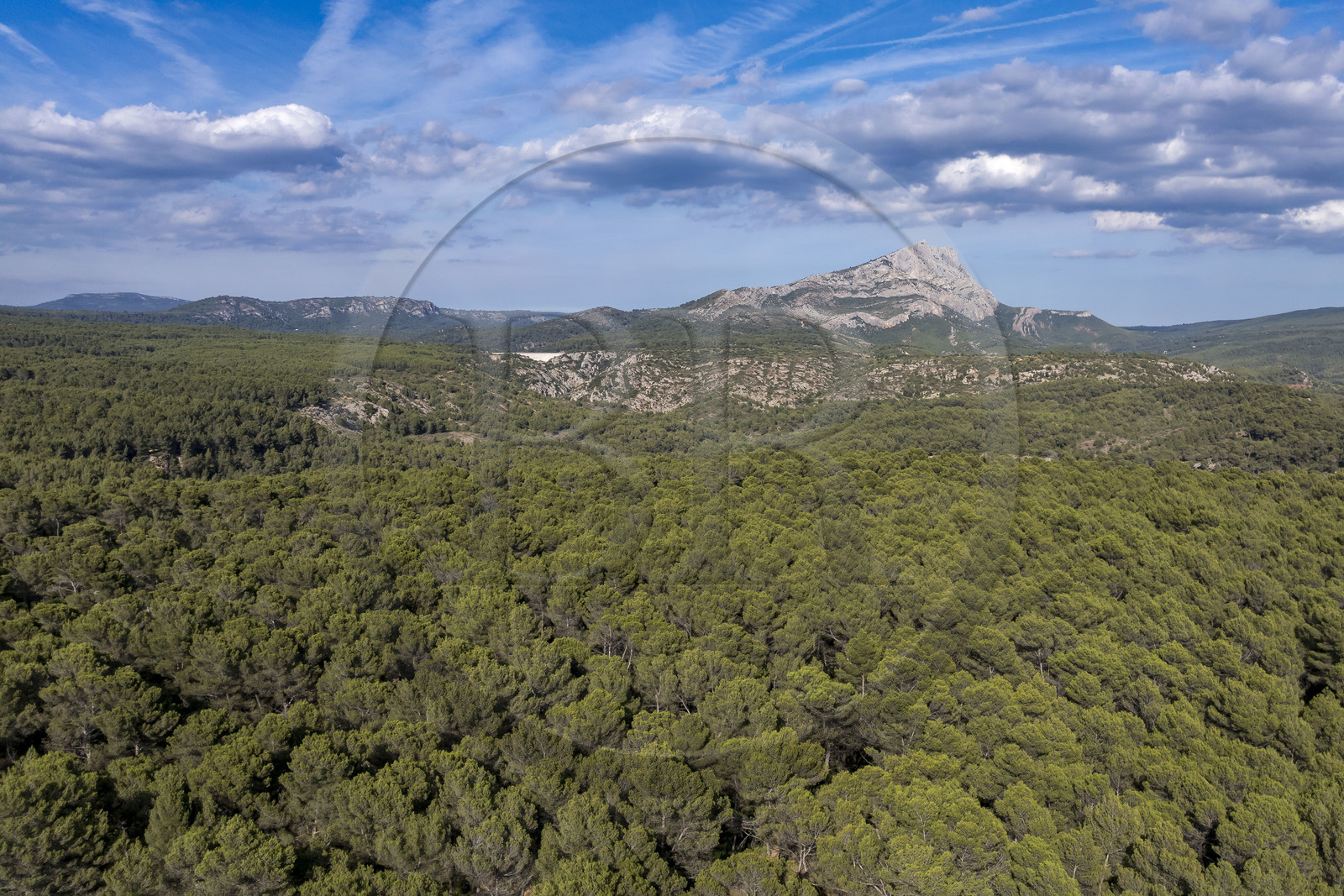 France, Bouches-du-Rhône (13), Aix en Provence, la forêt sur le plateau de Bibemus et la montagne Sainte Victoire en arrière plan (vue aérienne)