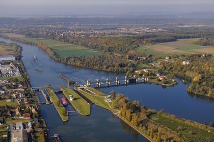France, Eure, Port Mort, dam and locks on the Seine River (aerial view)