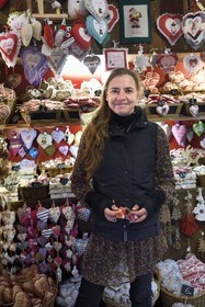 France, Haut Rhin, Strasbourg, Kaysersberg, Falile Martin in her shop Le Grenier Enchanté offers fabric Christmas hearts