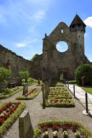 Roumanie, Transylvanie, région de Sibiu et Fagaras, Carta, ancien monastère cistercien de Carta (1205 à 1474), les ruines de l'église abbatiale avait été reconvertie en église fortifiée luthérienne par la communauté de saxons, statue de Roland qui veille sur le cimetière de soldats morts à la première guerre mondiale