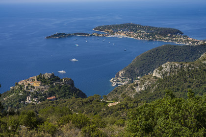 France, Alpes-Maritimes, the hilltop village of Eze on the middle corniche and the peninsula of Saint-Jean-Cap-Ferrat in the background