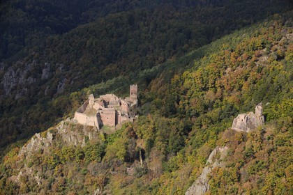 France, Haut Rhin, Ribeauville, Saint-Ulrich Castle and Girsberg Castle right (aerial view)