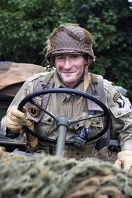 France, Eure, Chambray, Allied Reconstitution Group (US World War 2 and french Maquis historical reconstruction Association), reenactor Xavier Boucher in uniform of the 101st US Airborne Division