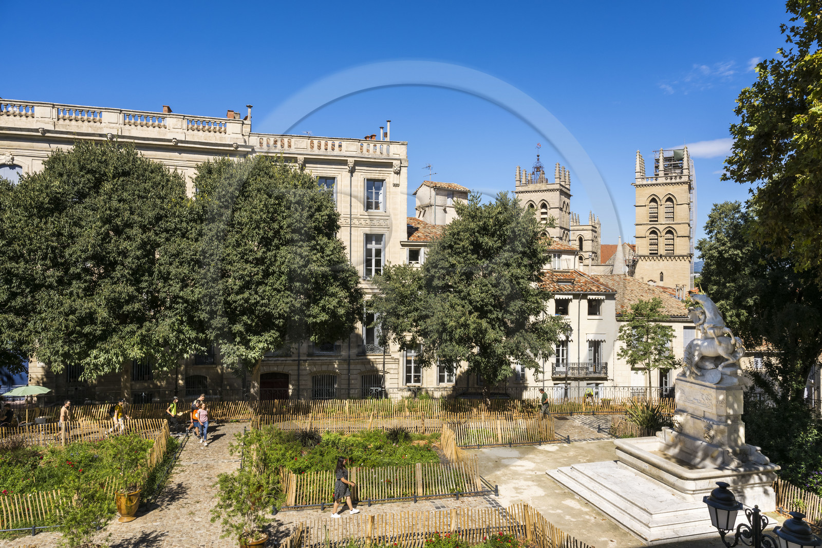 France, Hérault (34), Montpellier, centre historique appelé l’Ecusson, la fontaine aux licornes dans le jardin de la place du Canourgue et les tours de la Cathédrale Saint-Pierre en arrière plan
