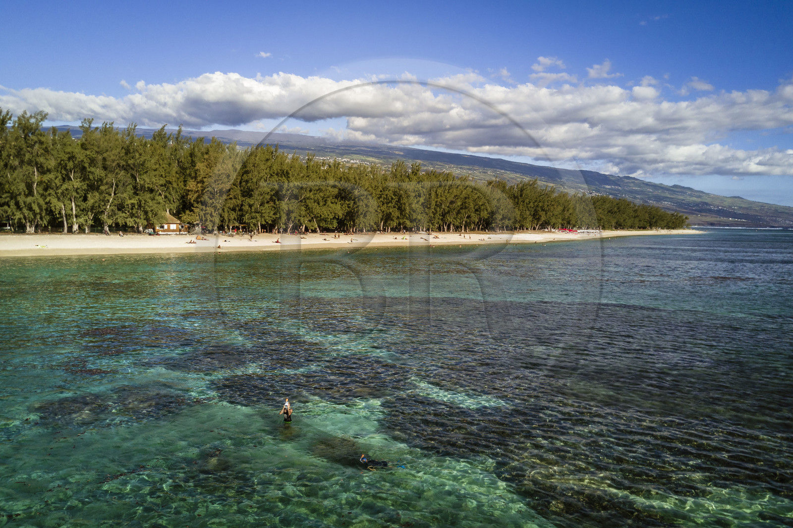 France, île de la Réunion, la Cote Ouest, plage du lagon de Saint-Gilles-Les-Bains à l'Ermitage-les-Bains, bordée par des filaos (vue aérienne)