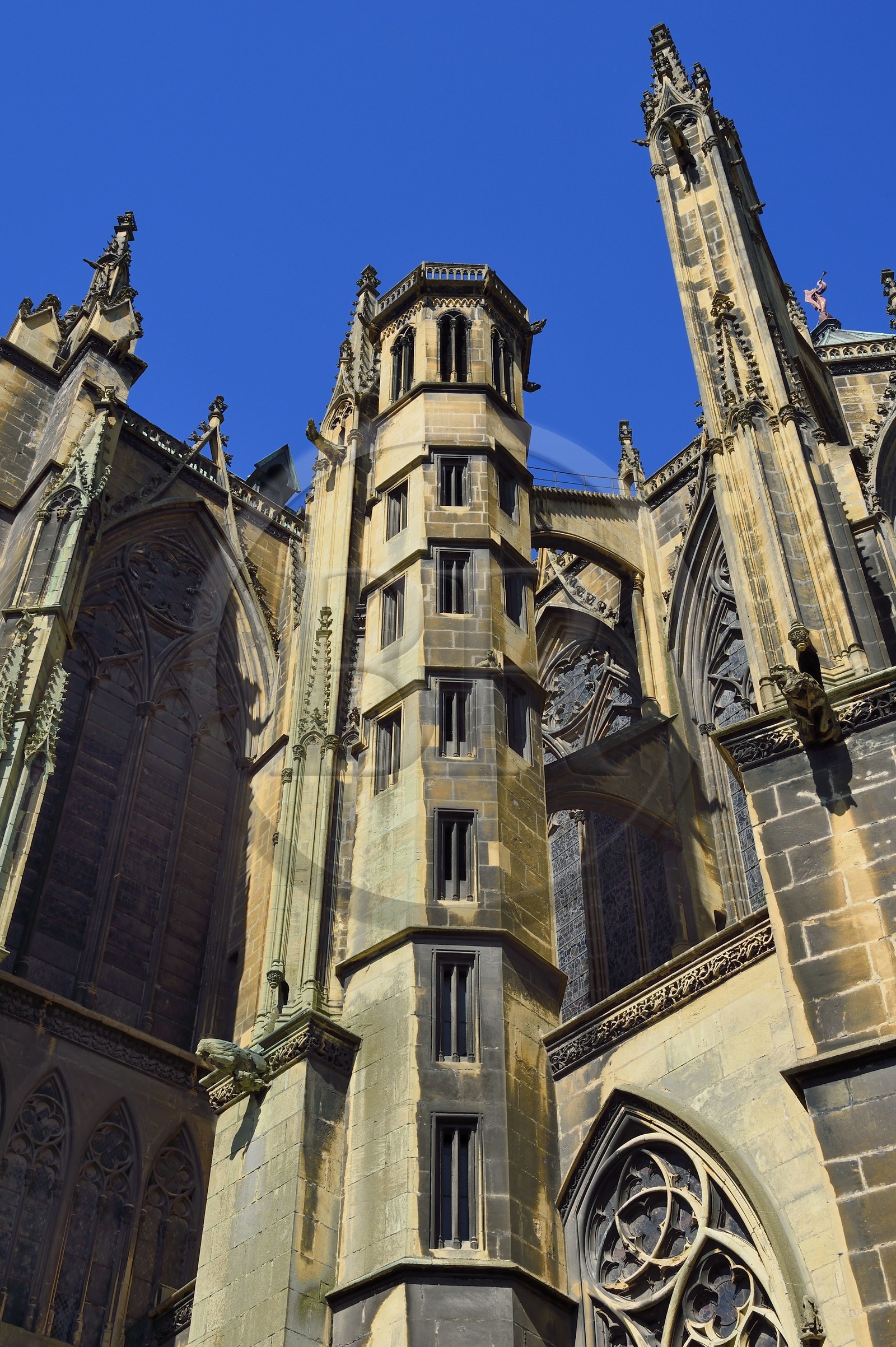 France, Moselle, Metz, Saint Etienne (Saint Stephen) cathedral in pierre de Jaumont (stone of Jaumont), the Charlemagne tower and the chevet
