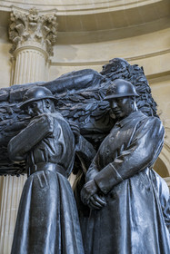 France, Paris, Hotel des Invalides, Army Museum, the Saint-Louis-des-Invalides Cathedral, the military pantheon, the dome of Les Invalides, bronze tomb of Marshal of France Ferdinand Foch in the Saint-Ambroise chapel, group of soldiers symbolically carrying the body of Marshal Foch, work by the sculptor Paul Landowski