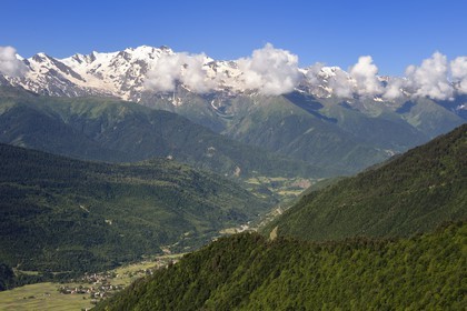 Georgia, Upper Svaneti (Zemo Svaneti), the village of Mestia at the bottom of the valley