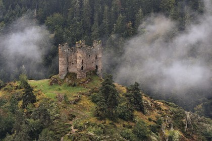 France, Cantal (15), Gorges de la Truyère, Alleuze, ruines féodales perchées du château fort d'Alleuze du XIIIe siècle reconstruit en 1405