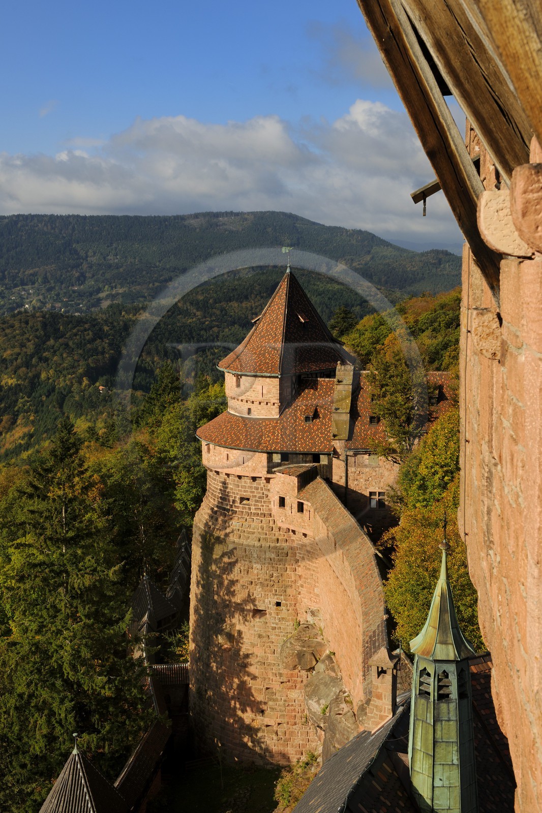 France, Bas Rhin, Orschwiller, Alsace Wine Road, Haut Koenigsbourg Castle, the great Bastion overlooking the forest around