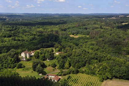 France, Dordogne, Perigord Vert, Valeuil, Ramefort castle (aerial view)