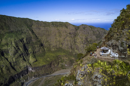 France, Reunion island (French overseas department), Reunion National Park listed as World heritage by UNESCO, La Possession, around village of Dos d'Ane, Roche Bouteille hike by the Cap Noir trail, the Rivière des Galets and the Cap Noir kiosk (aerial view)