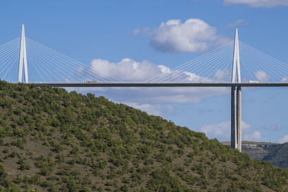 France, Aveyron, Grands Causses regional natural park, Peyre, the Millau viaduct by architects Michel Virlogeux and Norman Foster, above the Tarn river