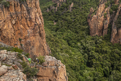 France, Var, between Bagnols en Foret and Roquebrune sur Argens, hikers at the entrance of the Gorges du Blavet (aerial view)