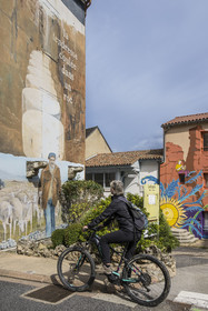 France, Aveyron, Grands-Causses Regional Nature Park, Roquefort sur Soulzon, cyclists on the Brebis Cyclette tourist cycle route in the Pays de Roquefort