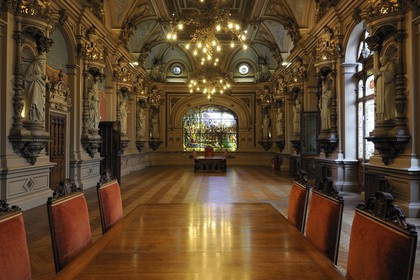 France, Seine Maritime, Pays de Caux, Cote d'Albatre, Fecamp, Benedictine Palace in Neo Gothic and Neo-Renaissance styles, built by the producer of the Benedictine herbal liquor, Hall of the abbots