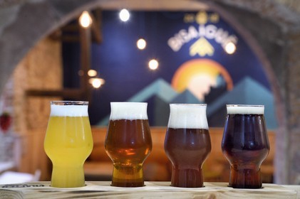 France, Haut Rhin, Strasbourg, Kaysersberg, Bisaigue brewery, the craft brewer Thibaut Ancel offers unfiltered and unpasteurized blond, white, amber, dark beers