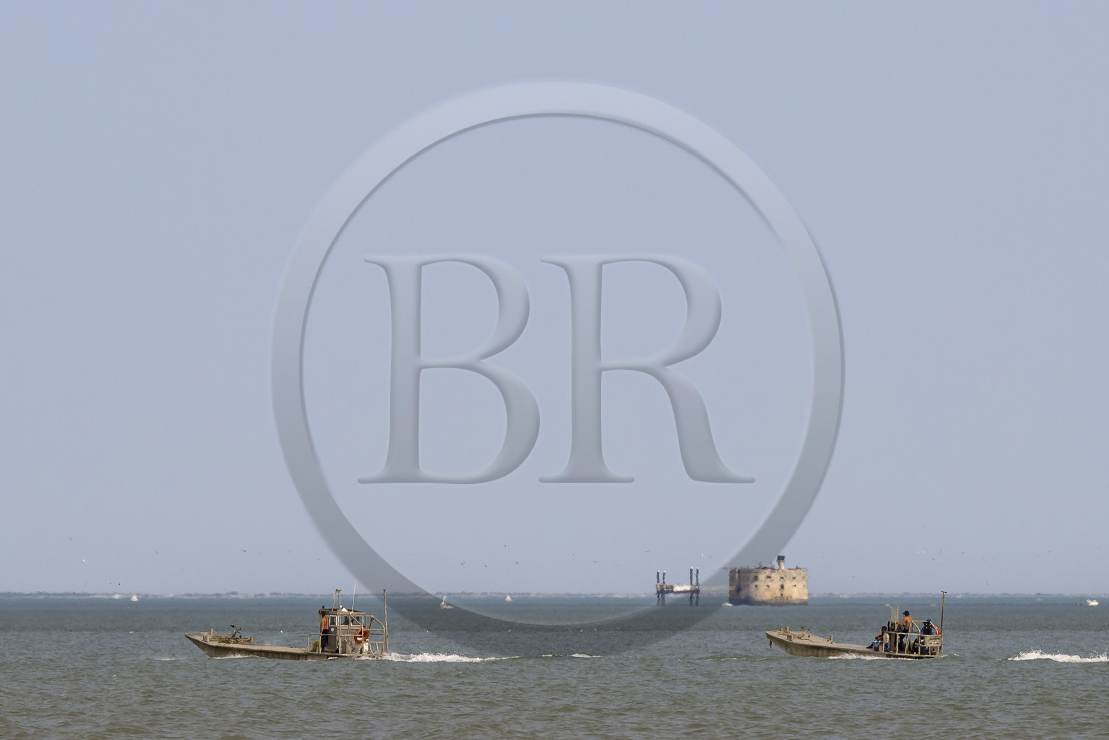 France, Charente Maritime, Oleron island, Dolus d’Oléron, flat-bottomed oyster boat in the Pertuis d'Antioche and Fort Boyard in the background