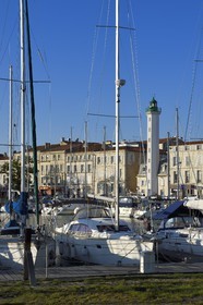 France, Charente-Maritime, La Rochelle, the wet dock of the Old Port and its lighthouse