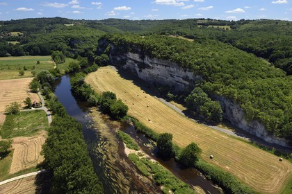 France, Dordogne, Perigord Noir, Vezere Valley, prehistoric site and decorated cave listed as World Heritage by UNESCO, Peyzac le Moustier, La Roque Saint Christophe Cliff, troglodytic site dating of the Prehistory (aerial view)