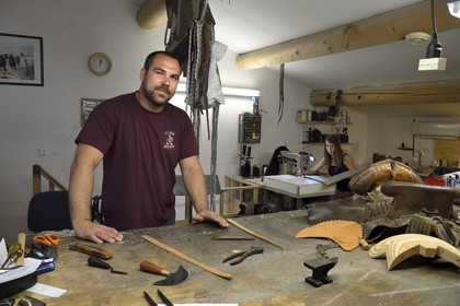 France, Gard, Fourques, Victor Mailhan saddlery and harness manufacturing in his workshop