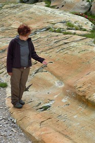 France, Alpes-Maritimes, parc national du Mercantour (Mercantour National Park), the Vallee des Merveilles (Valley of Wonders) scattered with thousands of rupestral engravings of the Bronze Age, the archaeologist Nicoletta Bianchi in front of the hornlike anthropomorphized figure engraved on the so called rock of The Sorcerer on the chiappes yellow schist flagstones