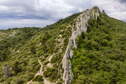 France, Vaucluse, Dentelles de Montmirail mountains, hiker on the ridges of Saint-Amand at Pousterle also called Pas du Loup on the GR 4