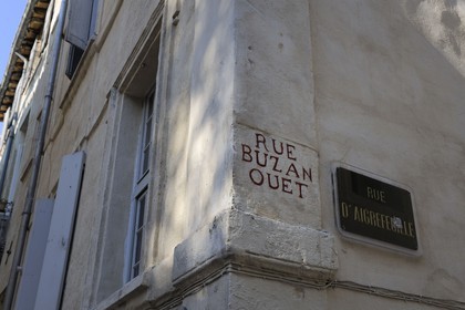 France, Herault, Montpellier, street sign old and modern