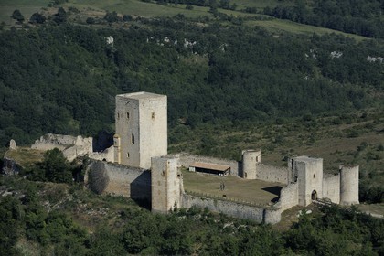 France, Aude, Chateau de Puivert, 12th century Cathar castle (aerial view)