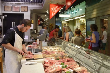 France, Rhone, Lyon, cours Lafayette, les Halles Paul Bocuse (Paul Bocuse covered market), Boucherie Trolliet also meilleur ouvrier de France (France’s Best Craftsman)