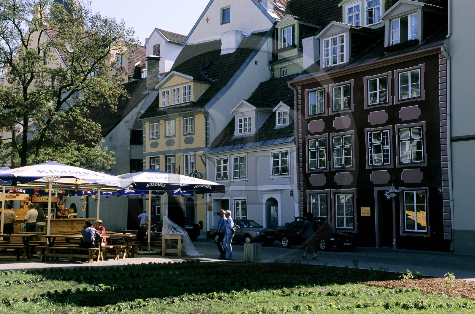 Latvia (Baltic States), Riga, old houses on Meistaru road and outside café