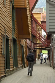 Norway, Hordaland County, Bergen, wooden houses in Bryggen District, listed as World Heritage by UNESCO, former trading post of the Hanseatic League