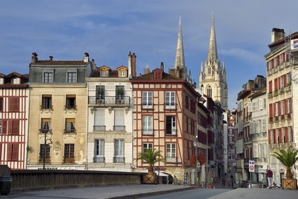 France, Pyrenees Atlantiques, Basque Country, Bayonne, traditional houses of the Nive river banks and the spires of St. Catherine's Cathedral seen from the Marengo Bridge