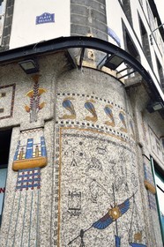 France, Puy de Dome, Clermont Ferrand, Gros pharmacy on place Delille, Egyptian-style storefront dating from 1921 by architect Louis Jarrier with mosaics by Gentil and Bourdet