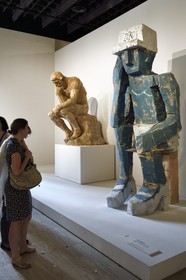 France, Paris, Grand Palais museum, exhibition of the centenary (of the death) of Auguste Rodin, Volk Ding Zero by Georges Baselitz and the Thinker plaster by Auguste Rodinin the background