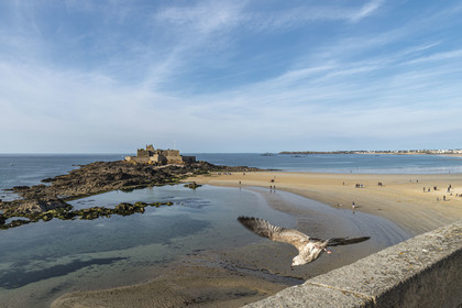 France, Ille et Vilaine, Cote d'Emeraude (Emerald Coast), Saint Malo, Fort National designed by Vauban and built by Siméon Garangeau from 1689 to 1693, Eventail beach at low tide
