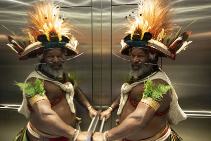 France, Paris, UNESCO Headquarters, Papuan Chief Mundiya Kepanga In the elevator