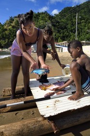 Caraïbes, Ile de la Dominique, baie de Soufrière, groupe d'enfant au retour de pêche  sur la plage de Soufrière, jeune fille tenant un poissons-perroquets (Scaridae)