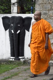 Sri Lanka, Central Province, Matale District, monk in front of the enclosing wall of Aluvihara Rock Cave Temple
