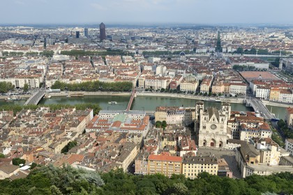 France, Rhone, Lyon, historical site listed as World Heritage by UNESCO, Vieux Lyon (Old Town), Saint Jean Cathedral (Saint John's Cathedral) and the place Bellecour in the district of La Presqu'Ile in the background